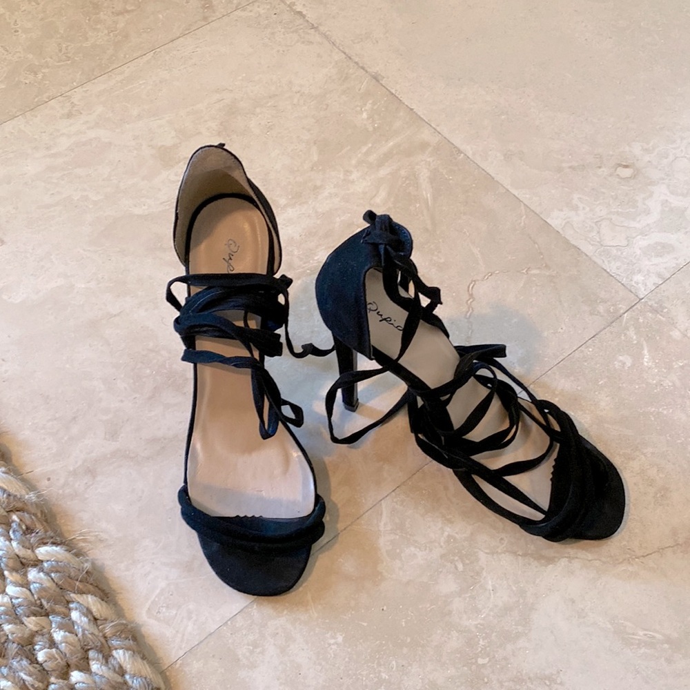Women’s Black Suede String Up Sandals with heels.